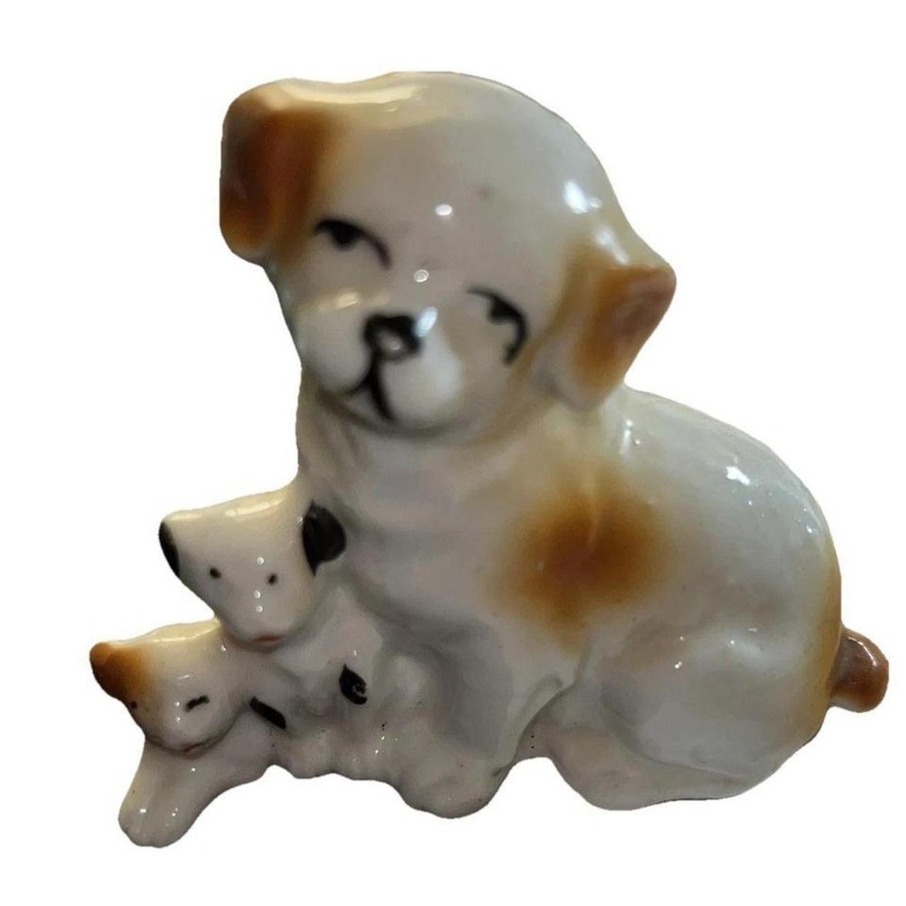 Vintage Brown and White Dog with Puppies‎ bone china figure 2.75" tall